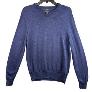 Tahari Mens Sweater Blue Merino Wool Knit Long Sleeve V-Neck Pullover Size M